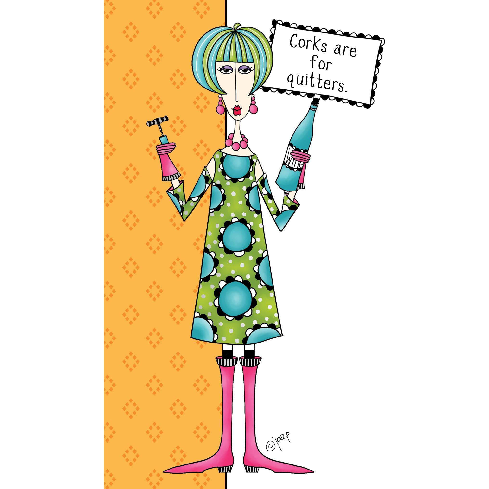 Close-up of Dolly Mamas Corks For Quitters birthday card from Pictura, featuring colorful illustrations and playful design.
